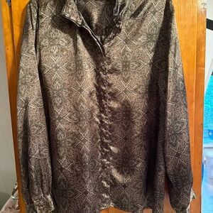 Vintage Talbots Brown Satin Blouse with Intricate Pattern